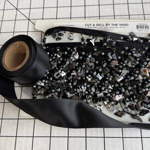 Beaded Fringe Trim & Black Satin Ribbon Lot– Shell, Glass Beads– 9.5 Yards Total